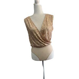 Lulus Bodysuit Women Small Evening of Wonder Gold Sequin Cowl Back